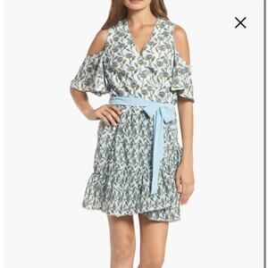 NWT Foxiedox Cold Shoulder Dress Womens Medium LEXIE Floral Blue Faux Wrap